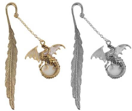 VOANZO leuchtende Lesezeichen mit Metallfedern, 3D-Anhänger mit fliegendem Drachen, Retro, einzigartiges leuchtendes Lesezeichen, Geschenk für Buchliebhaber, Männer und Frauen (Gold, Silber)
