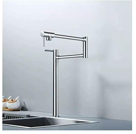 MWAYOYTE Pot Filler Faucet,Deck Mounted Pot Filler Faucet,Single Hole Brass Kitchen Double Joint Swing Arm Folding Faucet with 2-Handles,Chrome