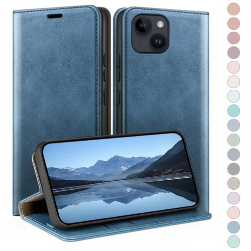 HUOUH für iPhone 14 6.1 Hülle mit RFID Schutzhülle aus Lederhülle Handyhülle,Kartenfach Leder ständer Handy hülle,360 Grad Schutz Cover für Apple 14 Klapphülle Wallet Case Leuchtend Blau