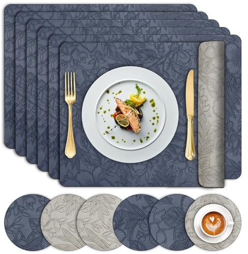 Table Mats Set of 6, Dual Sided Faux Leather Placemats and Coasters Heat-Resistant Washable Non Slip, Waterproof Floral Place Mat 30x43 cm, Wipeable Easy Clean for Kitchen Dinning Restaurant,Blue Grey