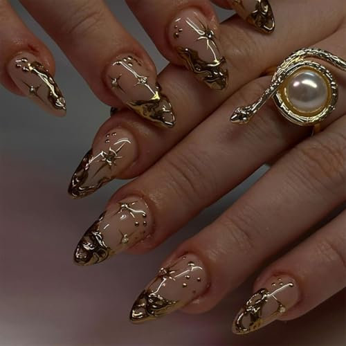 Elegant Nails Art Set avec 3D Soleil et Lune Designs Amande Presser Ongles Acrylique Faux Ongles pour Femmes Tendance