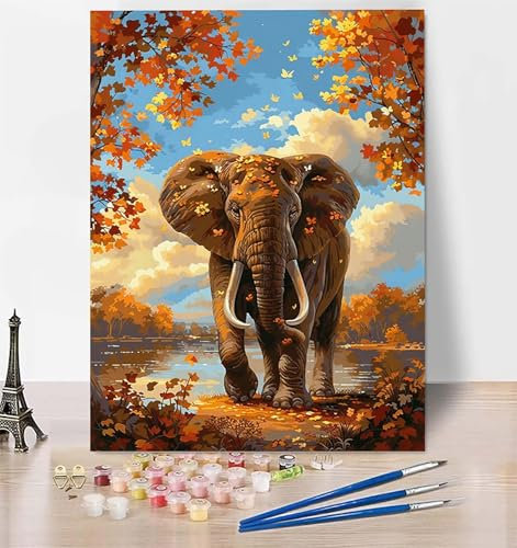 DIY Peinture Numero Enfant Éléphant Peinture par Numero Adulte, Numero d'art Automne Loisirs Créatifs Adultes avec Peinture Acrylique et Pinceaux Peinture pour Decoration Chambre, Cadeau 100x135cm 8-5