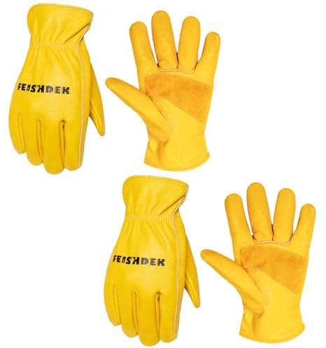 FEISHDEK Leder Handschuhe Arbeitshandschuhe Herren Gartenhandschuhe Dornenfest Damen Kaktus Schutzhandschuhe (Gelb-01-2 Pairs, XL)