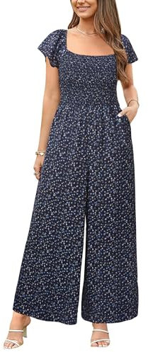 VOTEPRETTY Jumpsuit Damen Elegant Sommer Kurzarm Quadratischer Ausschnitt Overall Weites Bein Lang Outfits mit Taschen (D,M)