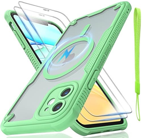 for iPhone 11 Case, Translucent Matte Back Compatible with Magsafe Magnetic Slim Shockproof Protective Case with Lanyard Strap and 2*9H Tempered Glass Screen Protector Phone Cover 6.1-inch-Green
