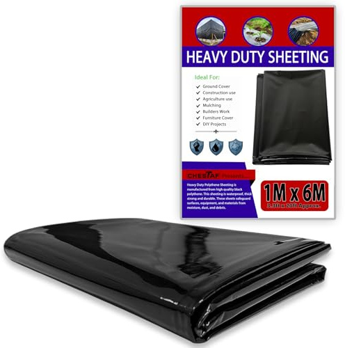 CHESTAF 1M X 6M Black Plastic Sheeting Heavy Duty, 550G Thick Polythene Sheeting Garden Grow, Dust Sheet Waterproof Outdoor Cover, Large Construction Gardening Insulation, Building Rubble Protection