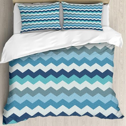 MJNLYDAO Bedding duvet set Reversible soft print set Hypoallergenic glue cover Bedding kit with 2 pillowcases,Aqua, Retro Vintage Chevron Geometric Zig Zag Decorative Stripes, Light Blu,152x203cm