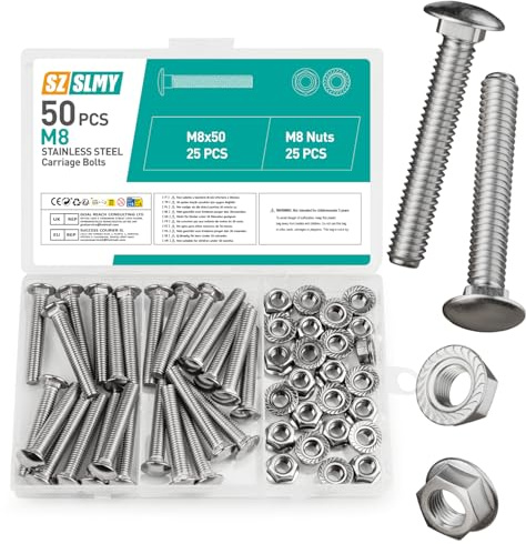 Set di 50 bulloni a testa tonda M8, M8 x 50 mm, set di bulloni e dadi a testa tonda quadrata in acciaio inox, con dadi esagonali flangiati