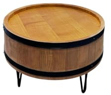 weeco Rustikaler Weinfass-Couchtisch, 51 cm Durchmesser, 43 cm Höhe, Holz mit Metallringen, Stahlbeine