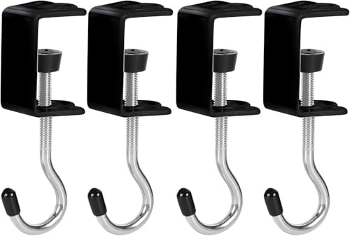 Taschenhaken 4er Set für Tisch & Schreibtisch, Aluminium rostfrei | Cleveres Drehklemmsystem – werkzeuglose Montage in Sekunden. Passt an Tische bis 4 cm Dicke, ohne Kratzer (Schwarz)