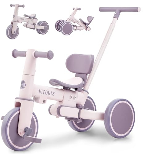 VITONIS 5 in 1 Dreirad, laufrad ab 1 Jahr, Kinderfahrrad mit Schubstange für Kinder 18 Monate-3 Jahre,Jungen Mädchen Geschenk, Violett
