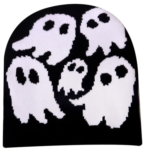 Halloween Deko Y2K Beanie Ghost Muster Acrylfasern Stricker Halloween Hut, Grunge Unisex Emo Beanie, lässiger Schädel Häkel Winter warmes Accessoires für Teenagergeschenk, Schwarz