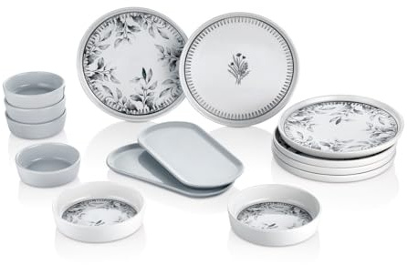 Kitchen Life 14-teiliges Frühstücksset Cold Flowers – 6 Personen – Luxuriöses Servierset aus Kütahya Keramik – Stapelbar, Glasiert & Spülmaschinenfest