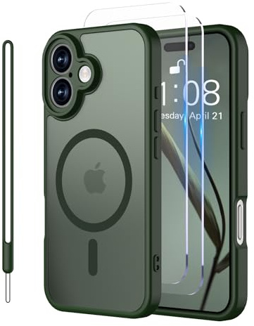 Mitetabo Handyhülle für iPhone 16 Hülle für MagSafe Magnetisch für Case mit [2 Schutzfolie][1 Lanyard] Militärischer Stoßfest Matt Transluzente Anti-Fingerabdruck Schutzhülle für iPhone 16 Grün