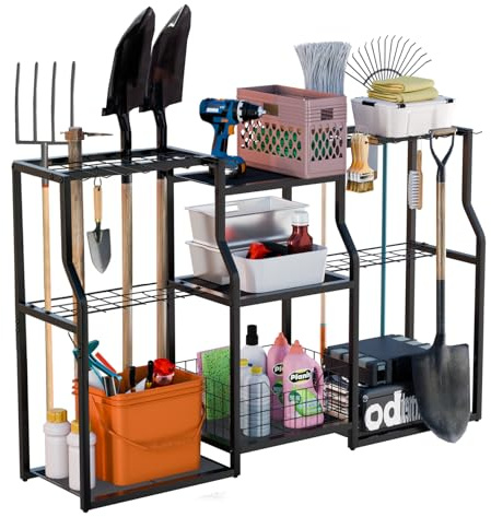 unho Large Garden Tool Storage Rack: Heavy Duty Freestanding Tool Organiser with 34 Slots, Hooks & Storage Basket, Metal Shed & Garage Storage for Garden Tools