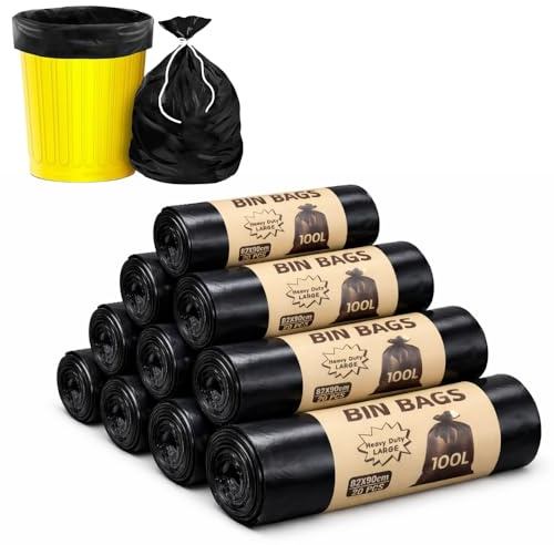 200 Heavy Duty Strong & Secure, 100L Refuse Sacks, Bin Bags, Bin Liners, Flat Top, Recycled, Tear Resistant, Perfect for Everyday Use, Household, Office, Kitchen & Caterer- 82x90cm (200)