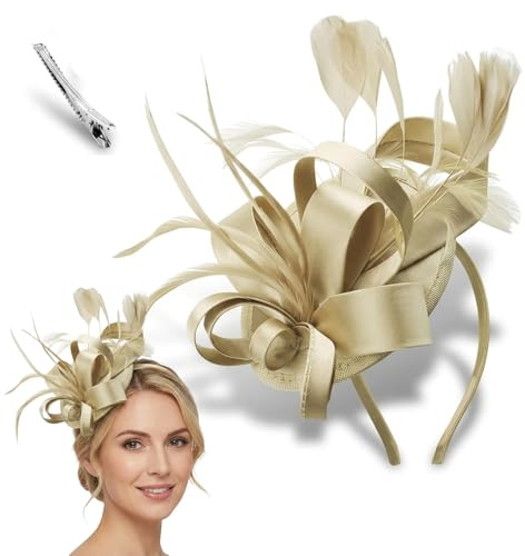 QiiWuic Gold Fascinator Headband for Women with Feather and Clip, Elegant Gold Fascinators for Weddings, Tea Party Hat, Vintage Hat for Wedding Guests and Cocktail Events