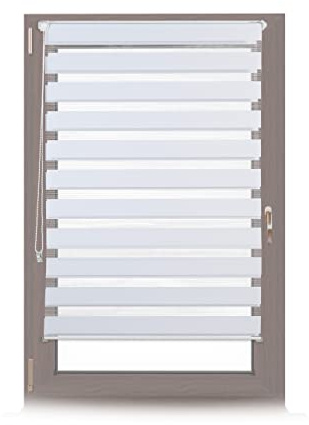 Relaxdays Doppelrollo Klemmfix ohne bohren, Seitenzugrollo mit Streifen, Duo-Rollo für Fenster, Stoff 86x156 cm, weiß