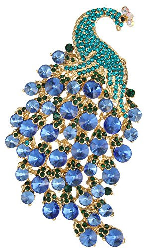 EVER FAITH Damen Kristall 4 Zoll Party Elegant Pfau Animal Brosche Blau Gold-Ton