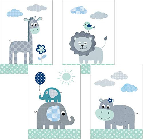 LALELU-Prints | A4 Bilder Kinderzimmer Deko Mädchen Junge | Zauberhafte Dschungel-Tiere mint | Poster Babyzimmer | 4er Set Kinderbilder (DIN A4 ohne Rahmen)
