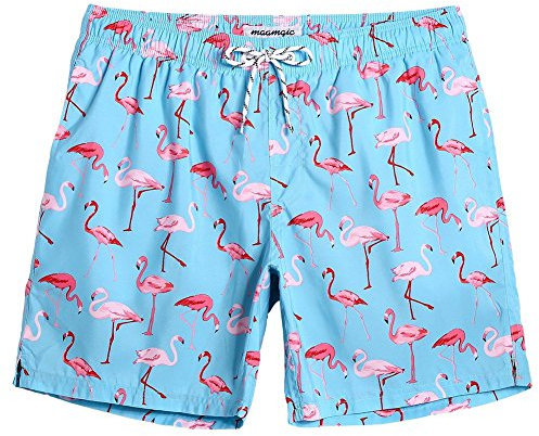 MaaMgic Short de Bains Homme Maillot de Bain Pants Court de Sport Séchage Vite Bien pour Vacance a la Plage, Light Blue Flamingo, Medium(tour de taille:79~84cm)