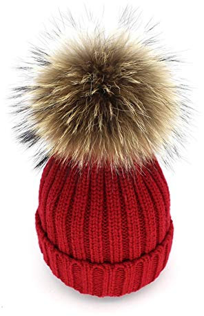 Damen Strick-Mütze gefüttert mit Fell-Bommel, Kunstfell, Winter-Mütze, Bommelmütze Winter Strickmütze Weihnachten Geschenk