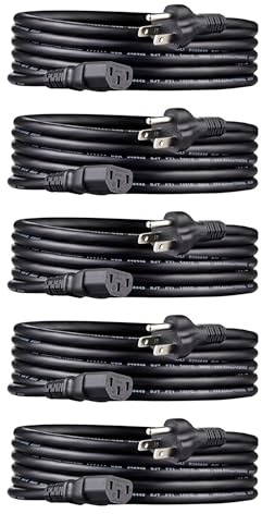 Amazon Basics PC Power Cord, 10 feet, Compatible with Monitor, Computer, TV, 3 Prong, 18 AWG, 125 Volts, Black, 5-Pack