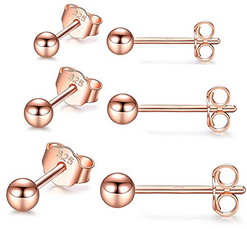 PRETTERY Rose Gold 925 Sterling Silver 3 Pair Round Ball Stud Earrings Set 3mm 4mm 5mm