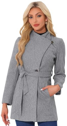 Allegra K Women's Winter Elegant Stand Collar Long Sleeve Long Belted Coats Grey S