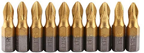 Embout Visseuse a Choc, 10 Pcs Embout Tournevis Magnétique PH2 Bit Embout Cruciforme, Titane revtu 1/4 Tige Hexagonale 25mm Longueur PH2 Tique Embouts de Tournevis S.2 Set