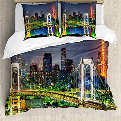 ABAKUHAUS Landschaft Bettbezugs Set Für Doppelbetten, Tokyo Skyline Japanisch, Milbensicher Allergiker geeignet mit Kissenbezügen, grün Marine