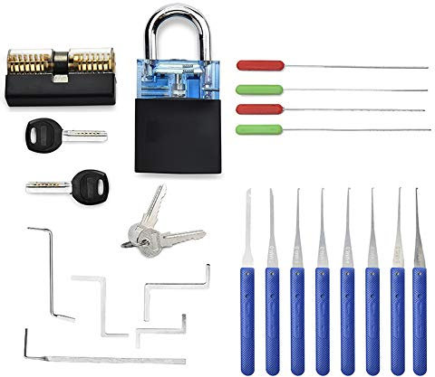 Loboo Idea 12 Pieces Broken Key Extractor Remove Hooks with 5 Piece Locksmith Lock Picking Tension Wrench Tool Set and 2 Pack Transparent Padlock with Black Holster