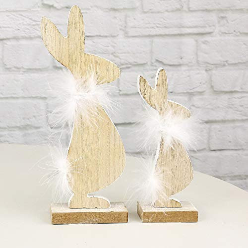 MACOSA HM38861_62 Deko-Hase 2er Set Holz Osterhase mit Federn braun weiß Osterdeko Aufsteller Holzhase Oster-Dekoration Tischdeko Deko-Figur Ostern