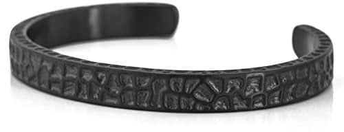 Akitsune Terra Armreif | Gehämmert Antik Armschmuck Frauen Herren Edelstahl Armband Rustikal - Schwarz 65mm