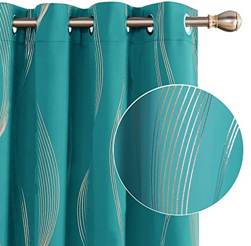 Deconovo Set mit 2 Vorhängen, goldfarben, Blickdicht, Thermisch, kältebeständig, 117 x 138 cm, Ösenvorhang, modernes Design, für Schlafzimmer, Haus, Wohnzimmer, Türkis