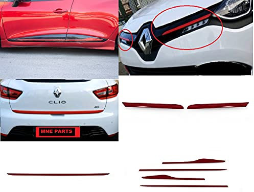 Convient pour Clio IV 2012+ Bande de Porte Latérale Rouge 4 Pièces + Bande Inférieure de Couvercle de Coffre + Calandre 2 Pièces, en Acier Inoxydable