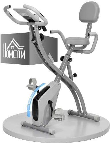 HOMCOM Bicicleta Estática Plegable 3 en 1 con Respaldo para Casa | 8 Niveles Resistencia Magnética, Ajustable, Monitor LCD, Volante, Bandas, Sensor de Pulso, Soporte de Teléfono y Ruedas