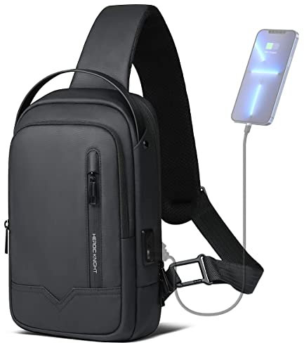 hk Borsa a Tracolla Uomo Impermeabile Leggera con Porta di Caricamento USB, Borsa a Spalla Nera per iPad 11,3 Pollici (Nero)
