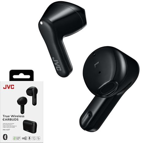 JVC True Wireless Earbuds Headphones, 11mm Neodymium Magnet Driver, Touch Sensor Operation, Bluetooth 5.1, Water Resistance (IPX4), Long Battery Life (up to 22 Hours) - HAA3TB (Black), Small