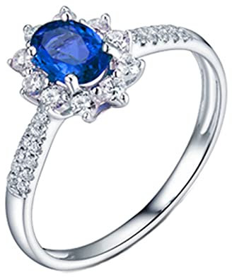 Daesar Hochzeitsringe Weißgold 750, Verlobungsring Damen Blume mit 0.85ct Oval Saphir Weißgold Ringe mit Diamant Gr.54 (17.2)