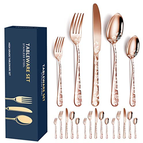 XIAOYU Juego de cubiertos de 20 piezas, juego de cubiertos de acero inoxidable para 4, diseño de patrón único, incluye cuchillos para la cena/tenedores/cucharas, apto para lavavajillas, rosa oro