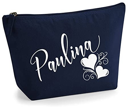 Personalisiert Name Initialen Herz Wirbel Kosmetiktasche Damen Schminktasche für Handtasche Makeup Tasche - Glitter oder Flocke Material Druck - Weiße Flocke - L | Marine Blau