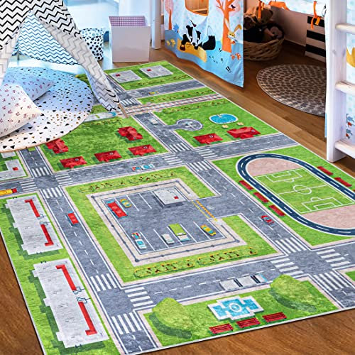 Mazovia Kinderzimmerteppich Antirutsch - Waschbar bis 30 Grad - Spielteppich Straße Stadt Straßenteppich - Kurzflor Kinderteppich Teppich für Kinderzimmer - ÖKO-TEX - Grün 160 x 230 cm