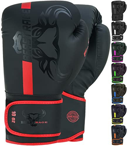 BEAST RAGE Guantoni da boxe Muay Thai, kickboxing, MMA, sacco da combattimento, allenamento, allenamento per uomini e donne, guanti da fitness imbottiti (Rosso, 12 oz)