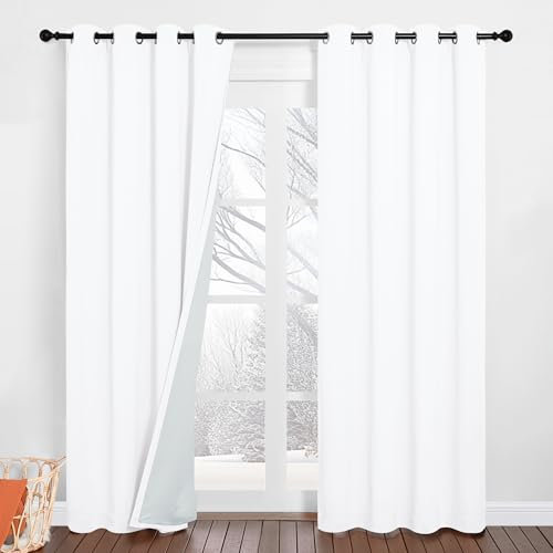 PONY DANCE Schallschutz Vorhang Weiß Blickdicht Ösenschal 2er Set H 213 x B 132 cm Dreilagige 100% Verdunklungsvorhänge für Schlafzimmer Gardinen mit Ösen Thermogardine Hitzeschutz, Weiß