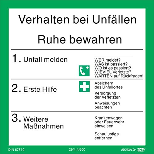 Aufkleber Aushang Verhalten bei Unfällen 200x200 mm Schild nach ISO7010 und DIN67510 langnachleuchtend & selbstklebend