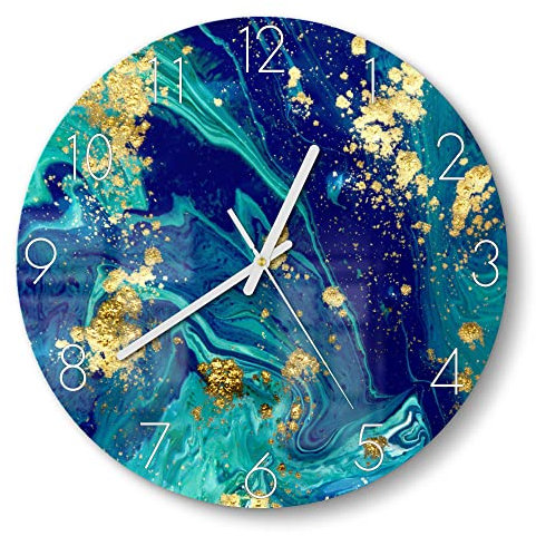 DEQORI Glasuhr | rund Ø 30 cm | Motiv Marmor mit Goldakzent | ausgefallene leise Design Uhr aus Glas | Wanduhr für Wohnzimmer & Küche | moderne Hingucker Uhr für die Wand