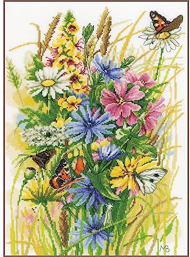 Lanarte Kreuzstich Stickpackungen Gezählter Kreuzstichbilder Set WILDBLUMEN UND SCHMETTERLINGE Wanddekoration Handarbeit Set für Erwachsene 30 x 43 cm Deko Bastelset Handwerker Kreative Geschenkset