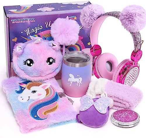 Unicorn Gifts for Girls 6 7 8 9 10 11 12 Years Old with 3.5mm Wired Headphones Locked Notebook Plush Bag Purse Socks Mirror Water Bottle Kids Unicorn Toys Christmas Birthday Gift for Teen Age 6+