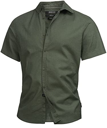 Indicode Herren INBravida Leinenhemd Kurzarm-Hemd mit Button-Down-Kragen | Herrenhemd Sommerhemd für Männer Beetle - Solid, S